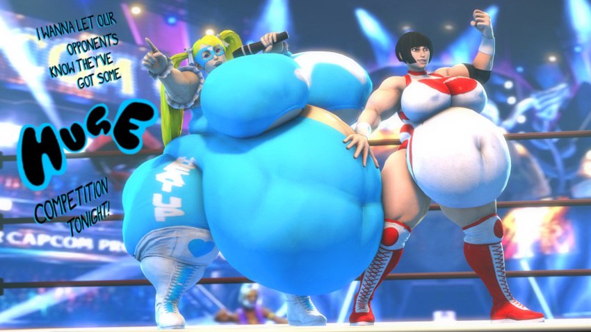 2girls 3d breasts cleavage female female_only huge_belly huge_breasts hyper_belly hyper_breasts obese rainbow_mika rattledbonezone source_filmmaker street_fighter strongfat thick_thighs wide_hips