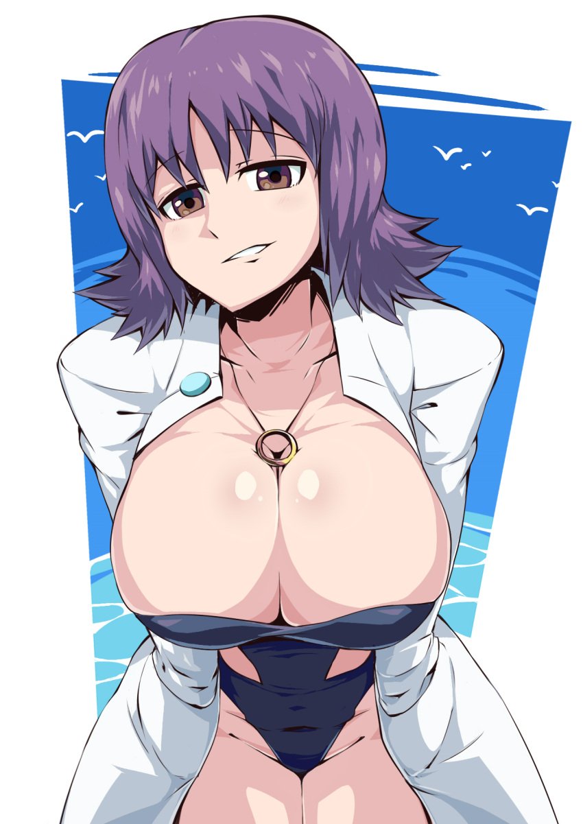 1girls 2019 alternate_breast_size big_breasts breast_focus breasts brown_eyes cleavage collarbone curvaceous female huge_breasts human labcoat looking_at_viewer navel necklace nintendo object_between_breasts one-piece_swimsuit pale-skinned_female pale_skin philena_ivy pokemon pokemon_professor pokemon_rgby purple_hair short_hair smiling smirk solo solo_female suzusiigasuki swimsuit tagme thick_thighs thighs voluptuous