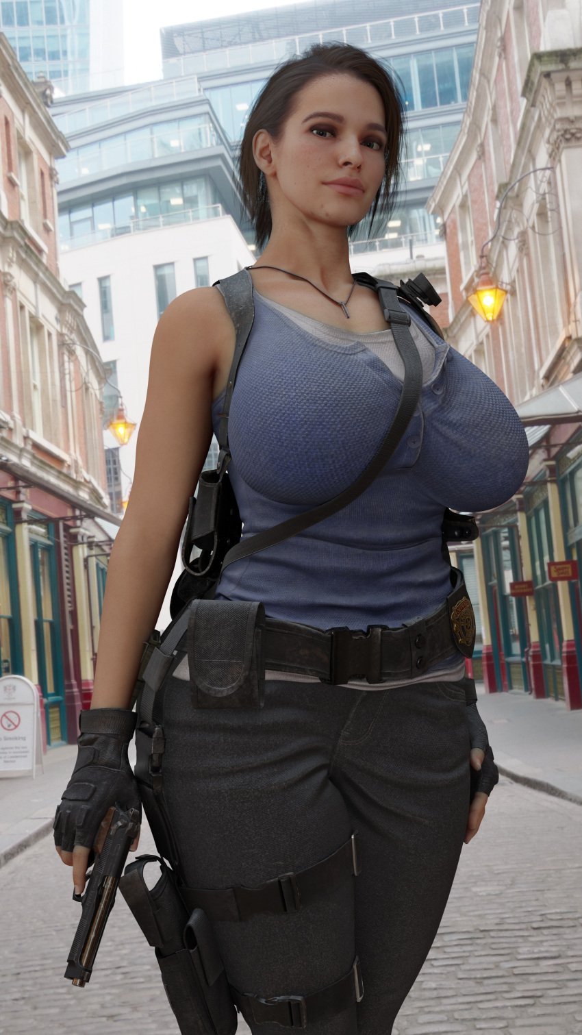 3d belt big_ass big_breasts big_nipples blender clothing curvy curvy_figure female firearm handgun handwear human jewelry jill_valentine jill_valentine_(sasha_zotova) light-skinned_female posing realistic resident_evil resident_evil_3 resident_evil_3_remake solo standing tagme tokioblender weapon