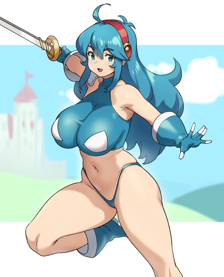 1girls 2020 aqua_eyes bare_legs bare_midriff belly_button big_breasts blue_hair borrowed_character houtengeki huge_breasts repost solo solo_female sword tagme tecna_(yumurama) thong