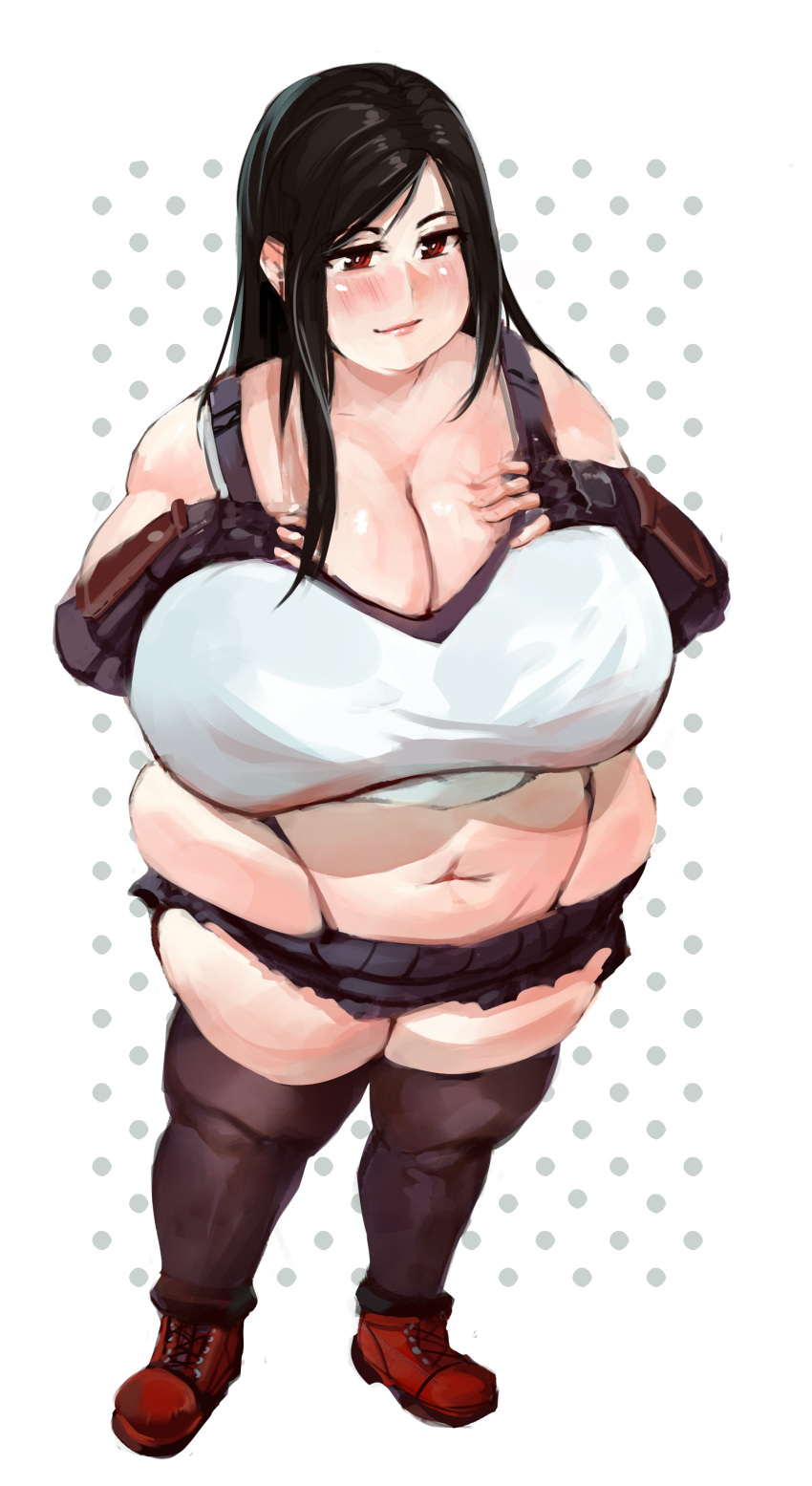 bamboo_ale big_belly blush chubby_cheeks cleavage cute cute_face fat final_fantasy final_fantasy_vii final_fantasy_vii_remake huge_breasts large_breasts love_handles obese obese_female overweight overweight_female plump stockings thick thick_thighs tifa_lockhart tight_clothes tight_clothing tight_fit