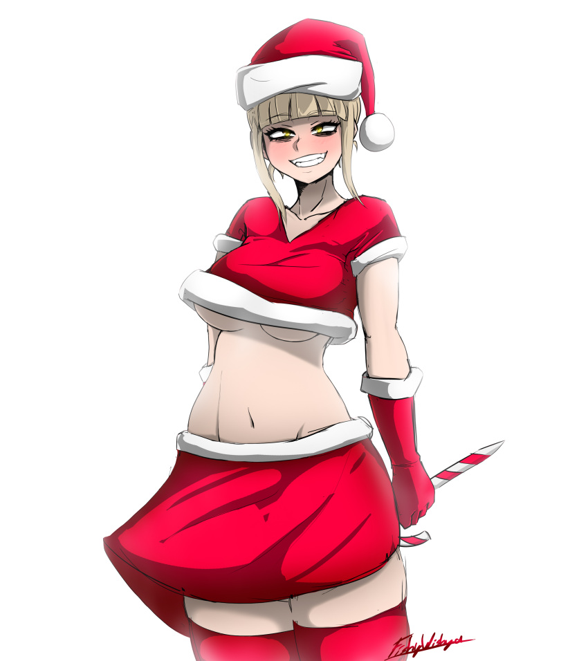 1girls blonde_hair blush candy_cane christmas christmas_hat creepy_smile crop_top female female_only fishywishy gloves grin himiko_toga looking_at_viewer my_hero_academia navel skirt smile solo thighhighs underboob white_background yellow_eyes