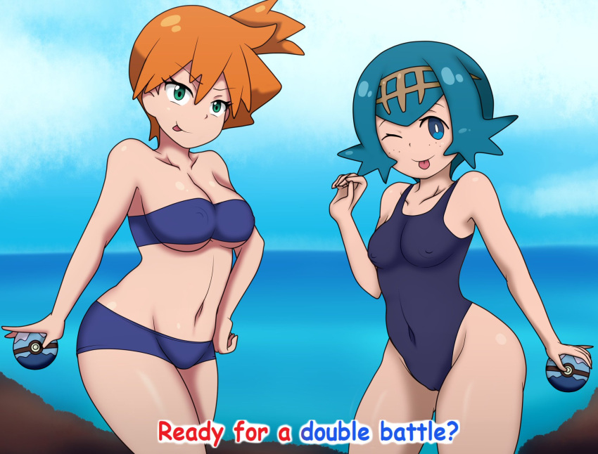 2girls blue_hair breasts cucarachaaa female female_only green_eyes gym_leader kasumi_(pokemon) lana_(pokemon) legs misty_(pokemon) mob_face multiple_girls navel nintendo one-piece_swimsuit orange_hair pokemon pokemon_rgby pokemon_sm red_hair short_blue_hair short_orange_hair swimsuit tongue tongue_out trial_captain