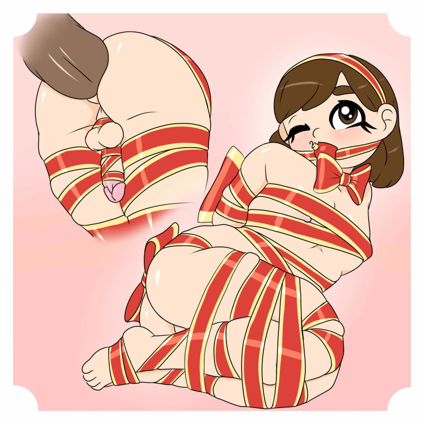 2019 2boys anal anal_sex artist_self-insert ass ball_gag balls bob_cut bondage brown_eyes brown_hair christmas feet femboy gag gagged gay girly hi_res interracial large_insertion male male_only nipples one_eye_closed original original_character penis penis_size_difference ribbon ribbon_bondage ribboned_body testicles thousandarms tied_up