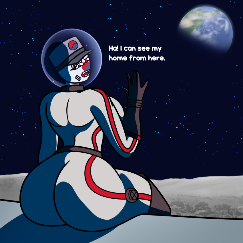 1girls 2021 back_view countryhumans countryhumans_girl earth ech0chamber english_text female female_only female_solo hat heterochromia huge_ass huge_breasts looking_back military_hat moon mouth_open open_mouth planet rear_view rule_63 sitting solo_female south_korea_(countryhumans) south_korean_flag space spacesuit stars text