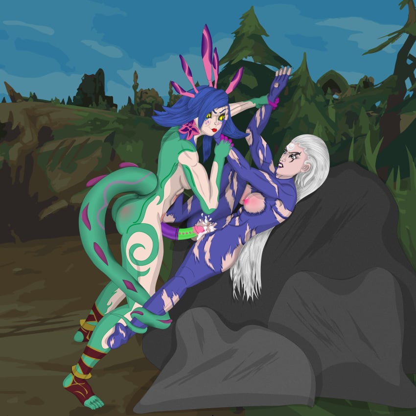 blue_hair cum diana_(league_of_legends) feral futa_on_female futadom futanari krissydraws league_of_legends long_hair neeko rape silver_hair teasing two_tone_hair vaginal_penetration