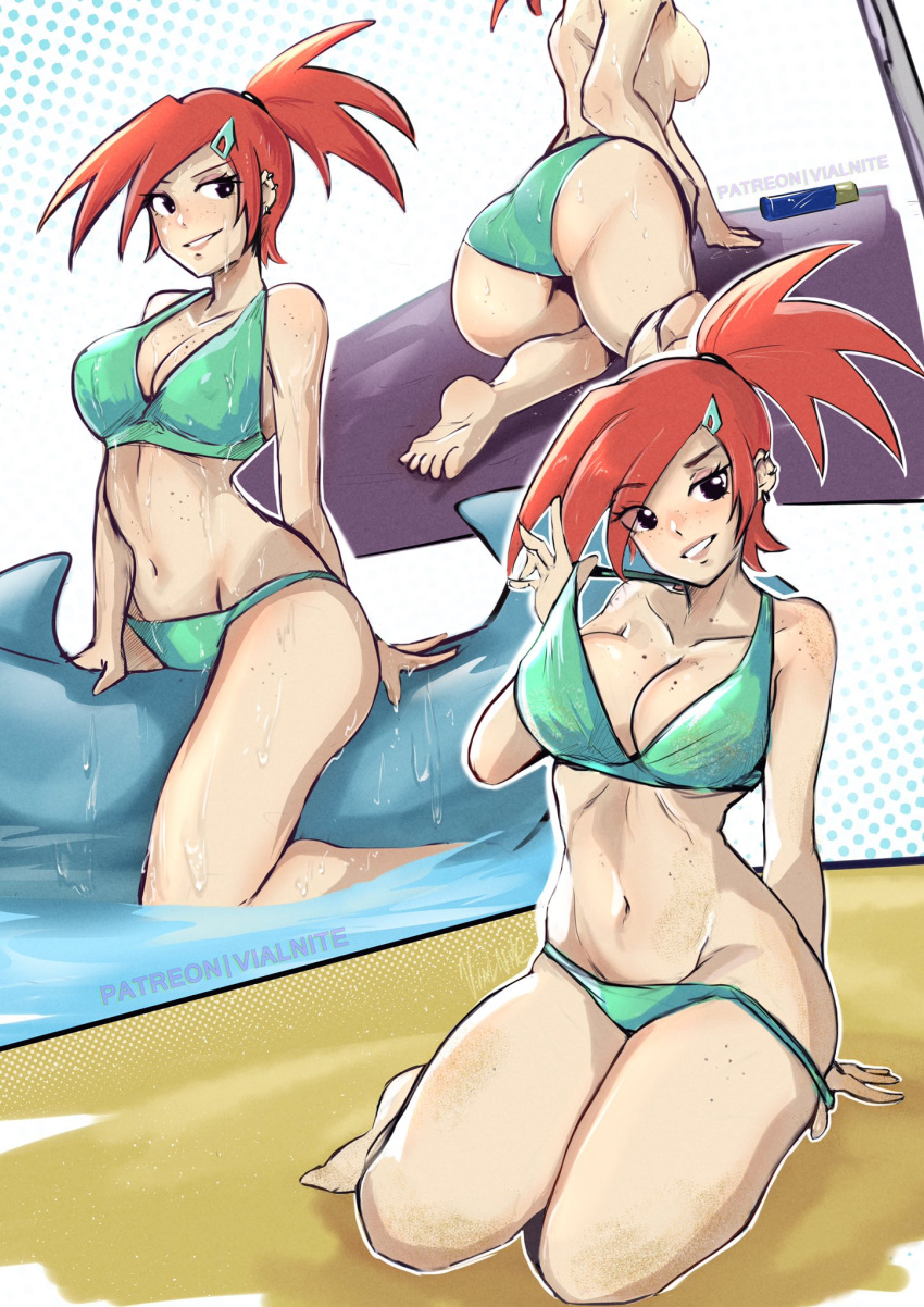 1girls bikini black_eyes breasts cartoon_network ear_piercing female foster's_home_for_imaginary_friends frankie_foster lipstick ponytail red_hair sideboob soaked solo topless vialnite water wet white_skin