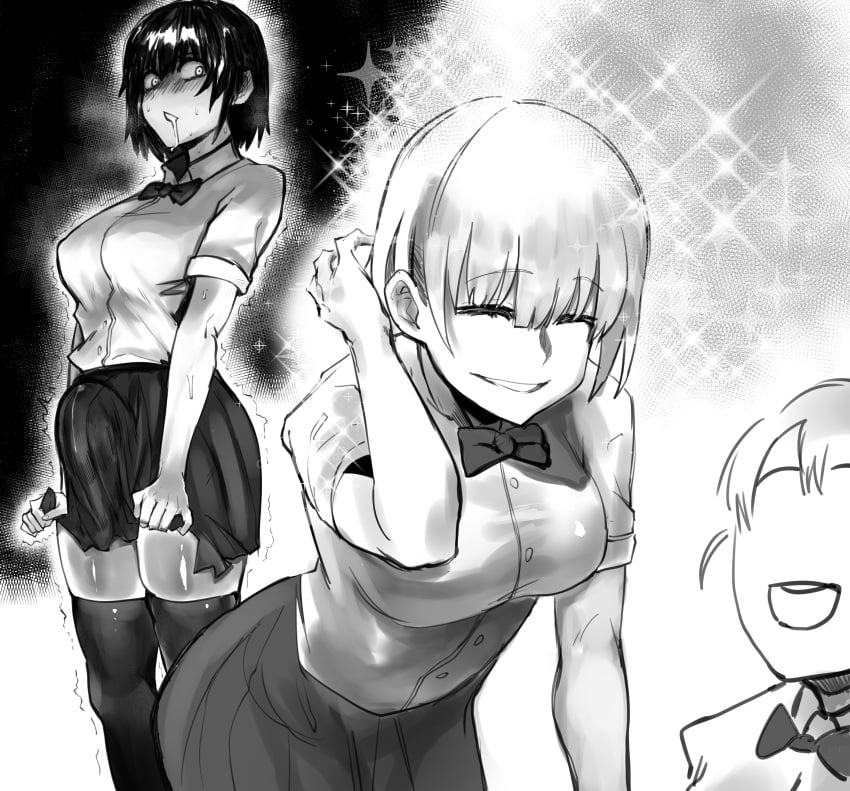 1futa 2girls bent_over black_hair blazered00 breasts bulge closed_eyes clothed clothing drooling duo_focus erection erection_under_clothes erection_under_skirt female fully_clothed futanari horny human looking_at_another monochrome precum precum_through_clothing school_uniform short_hair skindentation skirt skirt_pull smile standing sweat thighhighs twitch_lines unaware wide_eyed