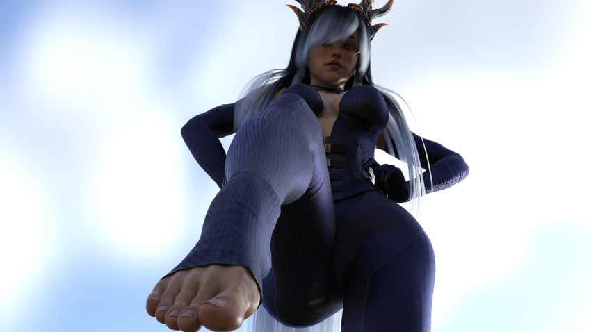 barefoot big_ass big_breasts big_butt claws corset feet feet_up female female_only first_person_view horns jumpsuit looking_at_viewer multicolored_hair no_background randomfarmer solo_female