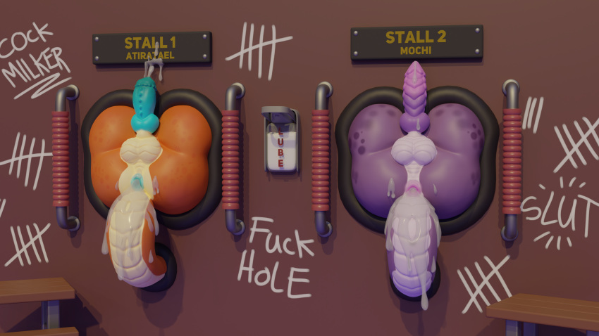 16:9 4k absurd_res anthro atiratael bodily_fluids cum cum_leaking dispenser dragonfoxstudios duo english_text gaping genital_fluids hi_res kobold lube lube_dispenser male male/male mochi name_plate name_tag orgasm ota_dragonclaw profanity public_use text through_wall widescreen