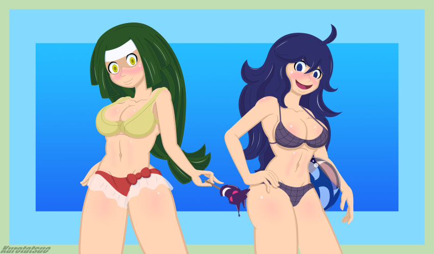 2girls bikini breasts channeler_(pokemon) green_hair hex_maniac kurotatsuo nintendo npc_trainer pokemon pokemon_xy purple_hair