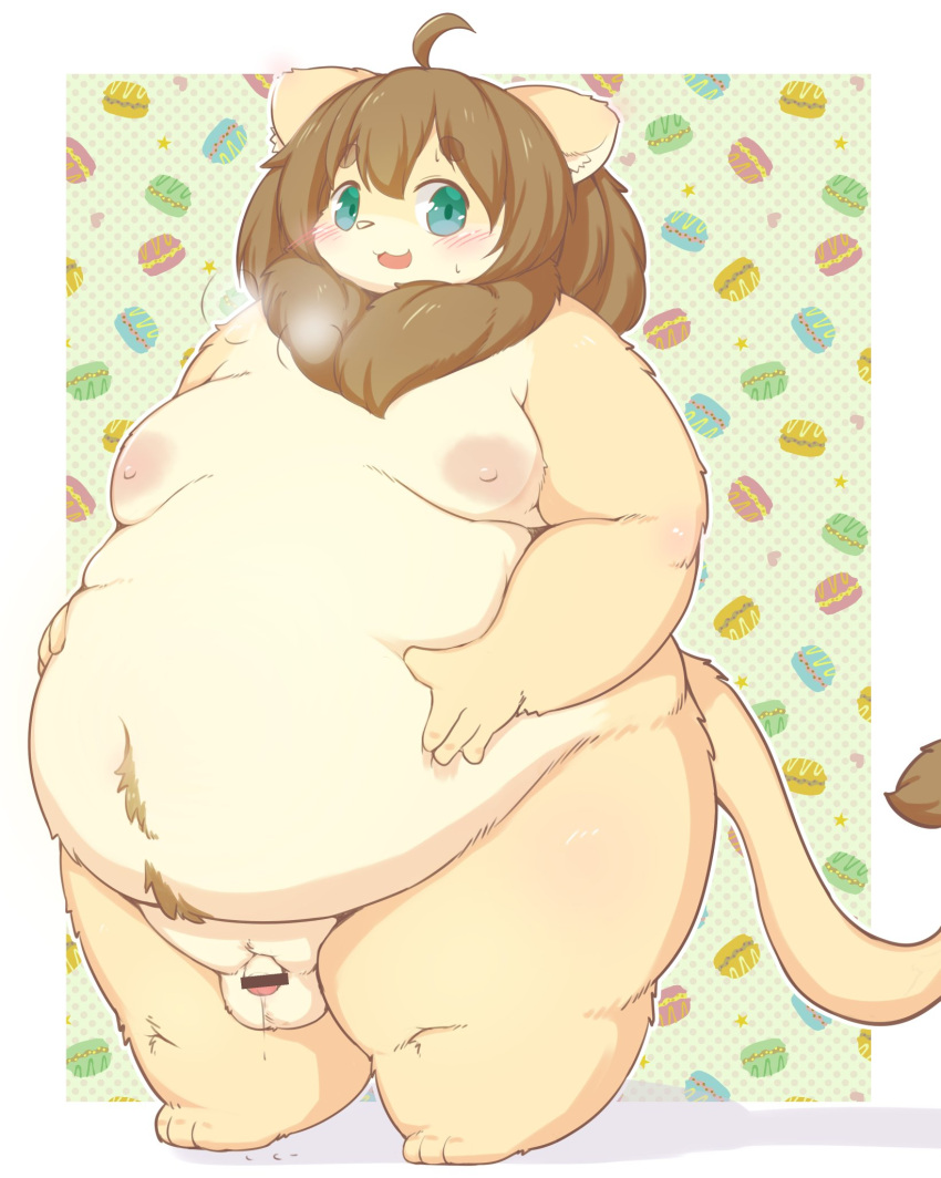 4_fingers ahoge anthro balls belly big_belly biped blush bodily_fluids body_hair breath brown_body brown_fur brown_hair censor_bar censored felid fingers flaccid front_view full-length_portrait fur genital_fluids genitals green_eyes hair hand_on_stomach happy_trail hi_res holding_belly humanoid_genitalia humanoid_penis kemono lion looking_at_viewer male mammal mane mane_hair monotone_hair moobs multicolored_body multicolored_fur neck_tuft nude obese obese_anthro obese_male open_mouth open_smile overweight overweight_anthro overweight_male pantherine pattern_background penis portrait precum radiowave simple_background small_penis smile solo standing tail_tuft tan_body tan_fur thick_thighs tuft