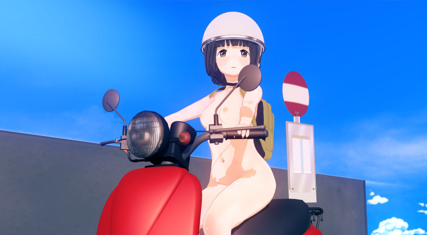 3d 3d_(artwork) blush cub female_only helment implied_vibrator koguma_(super_cub) motor_vehicle motorcycle nude_female public_nudity small_breasts super_cub vibration