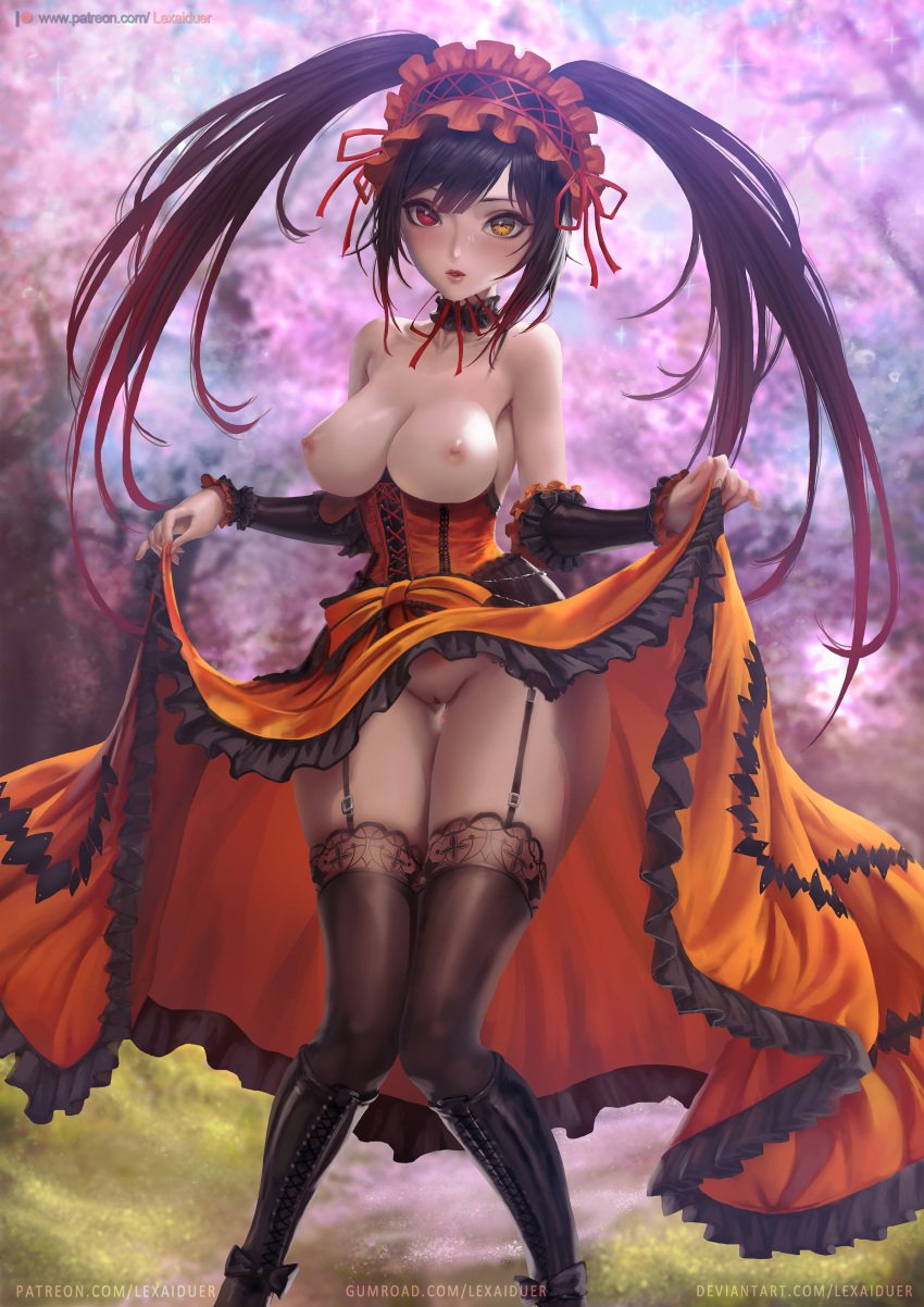 bottomless breasts date_a_live garter_belt gothic_lolita heterochromia lexaiduer lolita_fashion nipples no_bra pussy stockings thighhighs tokisaki_kurumi uncensored