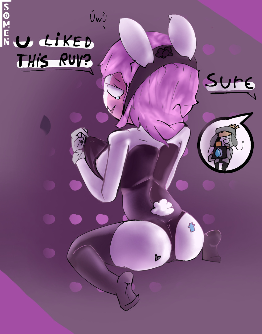 bunny_costume bunny_ear bunny_ears bunny_tail bunnysuit dialogue english_text female female_only footwear friday_night_funkin kneeling legwear mid-fight_masses ruv_(dokki.doodlez) sarvente_(dokki.doodlez) somen