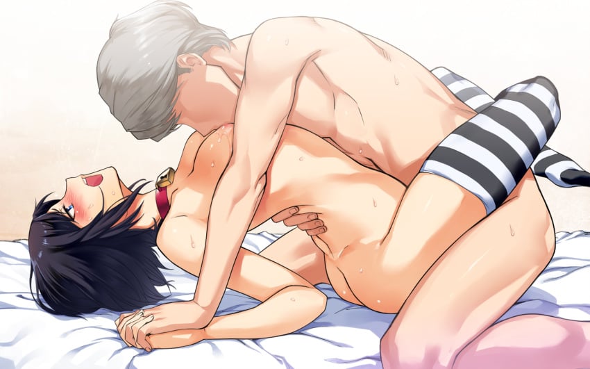 1boy another_story arched_back ass beige_skin black_hair blue_eyes blush breast_sucking breasts choker cleavage couple female grey_hair hand_holding head_back highres interlocked_fingers leg_lock lying marie_(persona_4) missionary narukami_yu nude on_back open_mouth persona persona_4 persona_4_the_golden saliva sex short_hair sitting straight striped striped_legwear sweat tan_skin thighhighs vaginal_penetration wariza