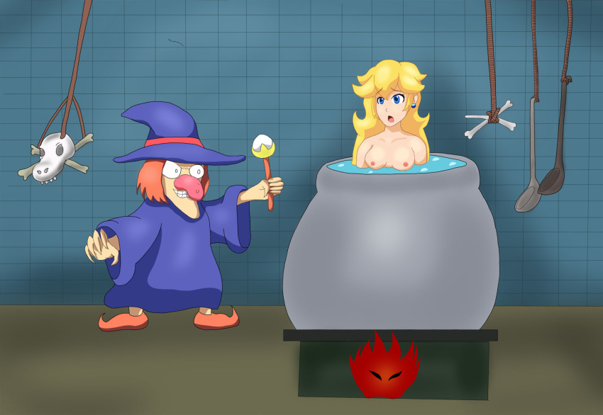 artist_request breasts cauldron clothes color cooked_alive female human indoors mario_(series) nintendo nipples nude princess_peach sabasa straight_hair super_mario_bros. super_mario_land_2 tagme