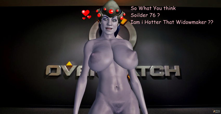 1girls 3d background big_breasts big_nipples blizzard_entertainment blue_hair breasts collar comic_sans crossover cybercole360 female female_only female_pubic_hair games hairy hairy_pussy headgear headset heart huge_breasts human human_only legs mass_effect mass_effect_2 mass_effect_3 miranda_lawson naked nipples nude nude_female overwatch posing pubic_hair purple_skin pussy render silver_eyes solo text texture_background textured_background video_games widowmaker_(cosplay) xnalara xps