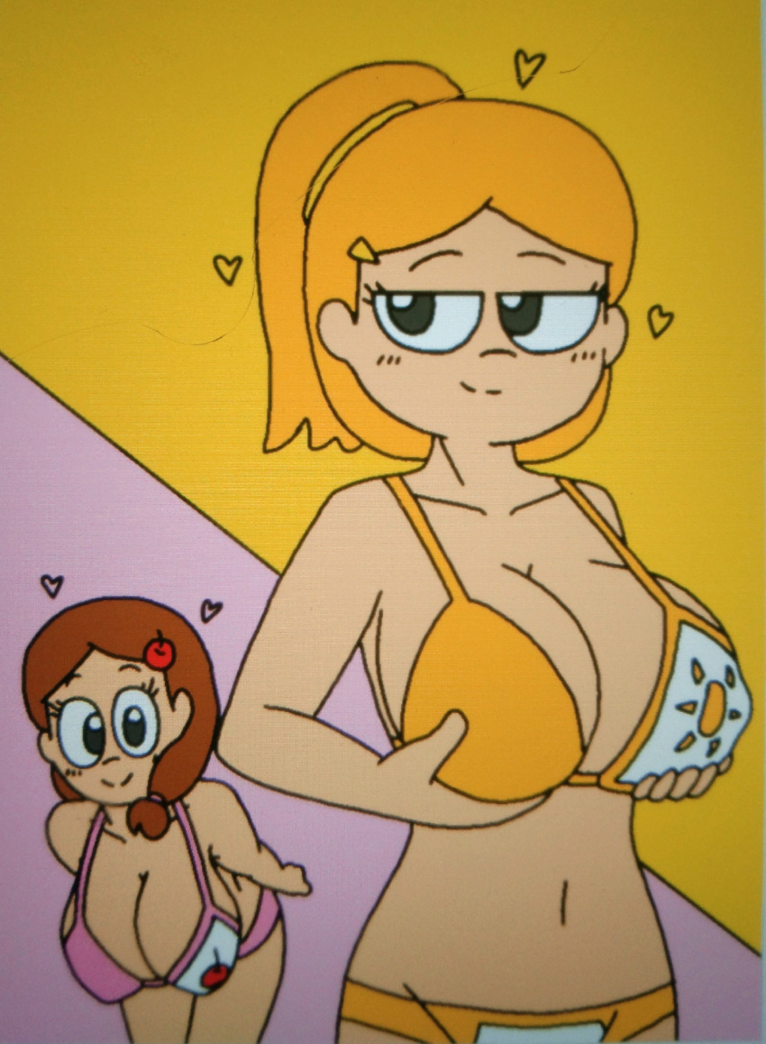 2girls alternate_version_available bending_down bending_forward big_breasts bikini brown_hair curvy curvy_figure edna_(writers_crusaders) eli_(writers_crusaders) hairclip holding_breast huge_breasts multiple_girls orange_bikini orange_hair pink_bikini ponytail seductive_smile simple_background swimsuit swimsuit_aside wcjuan writers_crusaders