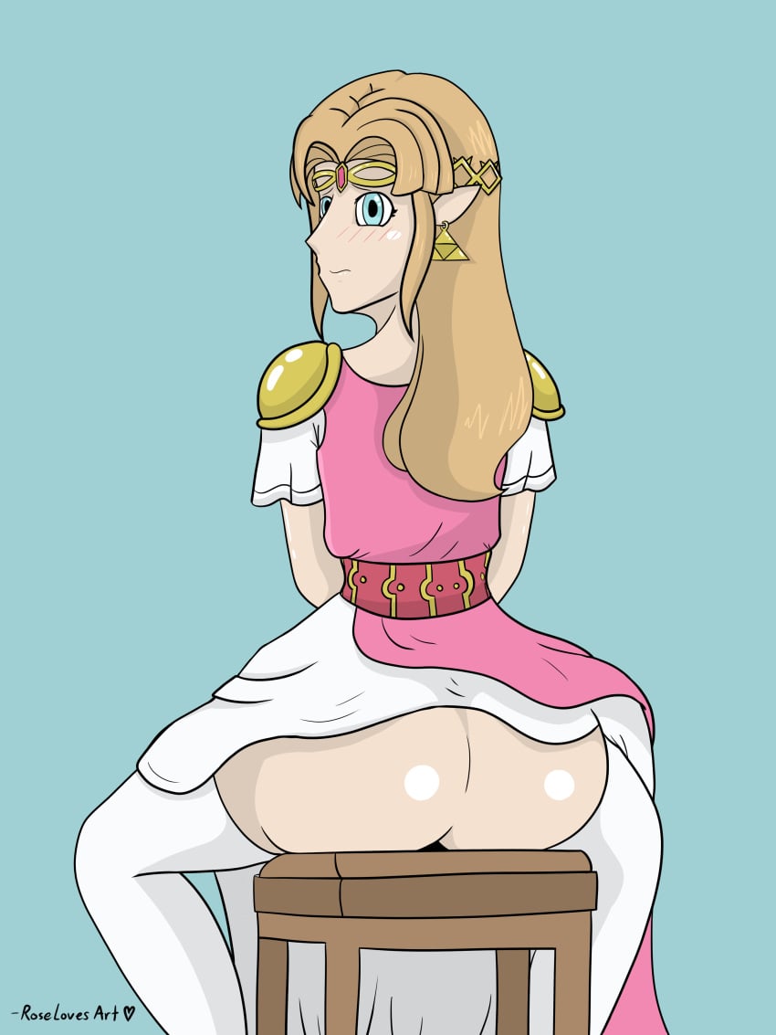 a_link_between_worlds ass bangs big_ass blonde_hair blue_eyes blush dress earrings embarrassed female female_only hylian jewelry long_hair looking_at_viewer looking_back princess_zelda roselovesart shiny_skin shoulder_pads sitting solo stockings the_legend_of_zelda zelda_(a_link_between_worlds)