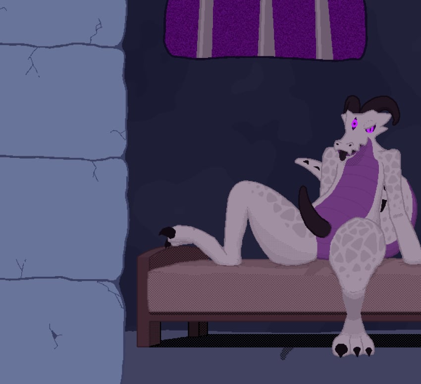 3_eyes animated anthro bedroom bedroom_eyes bedroom_setting black_claws black_horn black_penis black_tongue breath clawed_toes claws countershade_head countershade_torso countershading dialogue digital_media_(artwork) dithering door doorway genitals gif hi_res horn kobold male multi_eye multicolored_body narrowed_eyes nude panting penis pixel_art presenting purple_body purple_countershading purple_eyes savak scalie seductive short_playtime signature sitting sitting_on_bed snapps tail_spines tailwag text thick_thighs throbbing throbbing_penis tongue tongue_out two_tone_body white_body