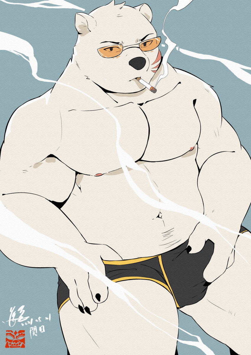 1boy 2021 anthro black_nose black_underwear bulge clothed clothing erection erection_under_clothing eyewear fur glasses hi_res humanoid_hands jmeo1230 kemono male male_only mammal moobs musclegut nipples odd_taxi polar_bear sekiguchi_(odd_taxi) slightly_chubby smoking solo underwear ursid ursine white_body white_fur