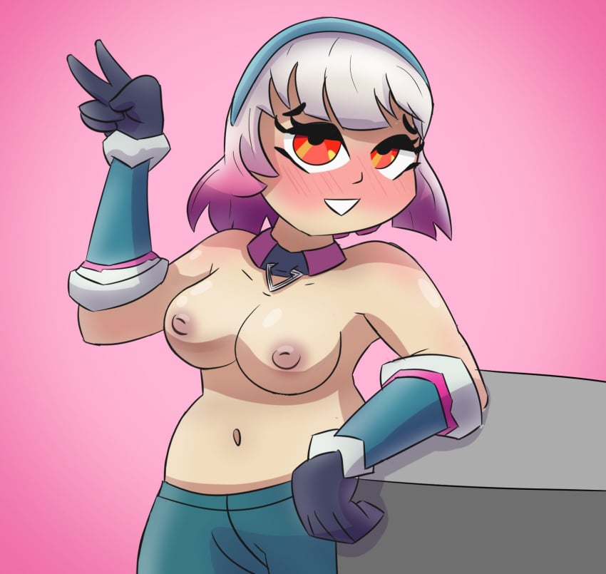 1girls blue_hairband blush blushing blushing_profusely breasts cute fortnite fortnite:_battle_royale gloves gray_hair grey_hair leaning lexa_(fortnite) medium_breasts no_shirt pale_skin pants partially_clothed peace_sign pink_highlights posing red_eyes riftnsfw solo solo_female tagme topless white_hair