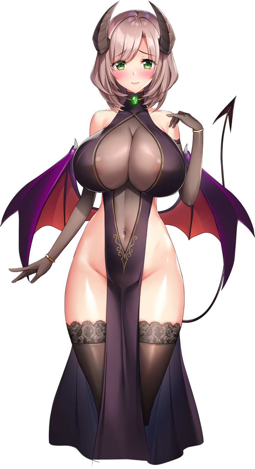 absurdres areola_slip armwear asymmetrical_bangs bangs bare_shoulders big_breasts blush blushing breasts demon_girl demon_horns demon_tail demon_wings derauea elbow_gloves exposed_breasts firis flustered full_cleavage game_cg gloves green_eyes highres horns huge_breasts lace lace-trimmed_thighhighs light_brown_hair looking_at_viewer low_wings medium_hair milf milk_factory monster_girl motto!_haramase!_honoo_no_oppai_isekai_chou_ero_succubus_gakuen! navel navel_line official_art pelvic_curtain photoshop_(medium) purple_wings ridged_horns see-through sheer_clothing shy smile solo spade_tail stockings succubus succubus_horns succubus_outfit succubus_tail tail thighhighs wasp_waist wings