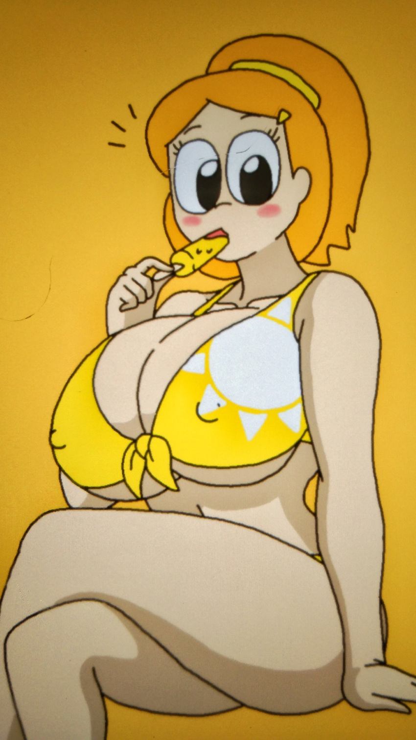 alternate_costume alternate_outfit alternate_version_available belly_button big_breasts bikini blush blushing crossed_legs curvy curvy_figure cute edna_(writers_crusaders) hairclip huge_breasts ice_cream large_breasts licking_popsicle looking_at_viewer orange_hair original_character ponytail popsicle simple_background sitting solo_female thick_ass thick_legs thick_thighs wcjuan writers_crusaders yellow_bikini yellow_bra