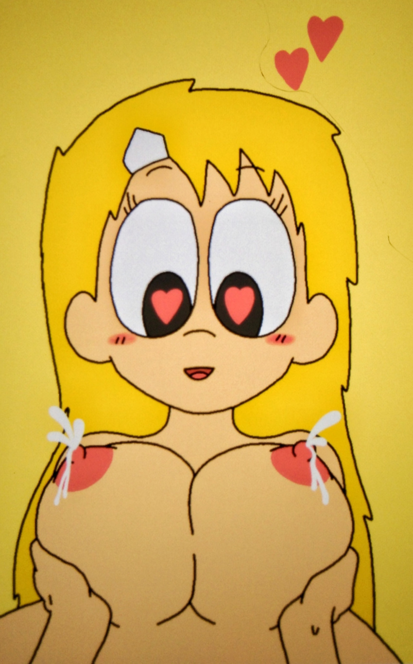 amazed big_breasts blush blushing breast_grab breast_squeeze breasts cute fondling fondling_breast hairclip heart heart-shaped_pupils huge_breasts juanila_(writers_crusaders) lactating lactation leaking_milk milk milk_squirt milking nipples offscreen_male original_character pink_nipples rule_63 simple_background solo_focus topless wcjuan writers_crusaders yellow_hair