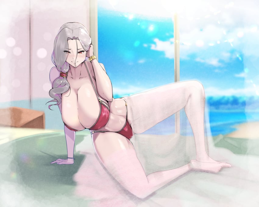 1girls arm_support bed bed_sheet bedroom bikini bikini_bottom bikini_top carmilla_(fate) carmilla_(swimsuit_rider) fate/grand_order fate_(series) female female_focus female_only gray_hair huge_breasts large_breasts red_bikini red_bikini_bottom red_bikini_top solo solo_female solo_focus tagme zumizu