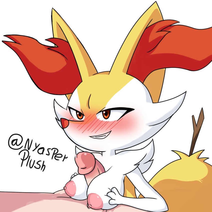 1:1 2020 3_fingers anthro areola blush braixen breasts digital_media_(artwork) duo embarrassed erection female fingers fur genitals glans hand_on_breast hi_res human human_on_anthro interspecies male male/female mammal multicolored_body multicolored_fur nintendo nipples nyasplush paizuri penis pink_areola pink_nipples pokémon_(species) pokemon pokemon_(species) pokephilia red_eyes sex smile stick video_games white_body white_fur yellow_body yellow_fur