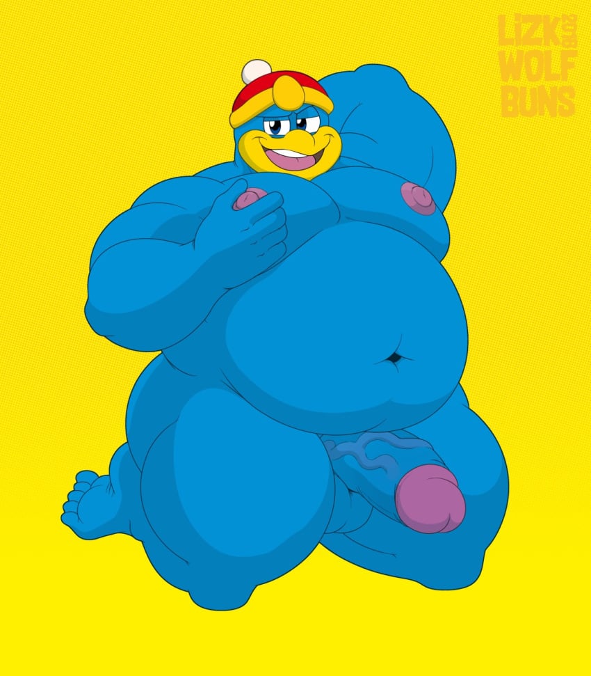 anthro avian belly bird clothing digital_drawing_(artwork) digital_media_(artwork) erection genitals hat headgear headwear hi_res king_dedede kirby_(series) male male_only navel nintendo nipple_fetish nipple_pinch nipple_play nipples overweight overweight_anthro overweight_male penguin penis pinch smile smiling_at_viewer solo vein veiny_penis video_games watermark wolfbuns