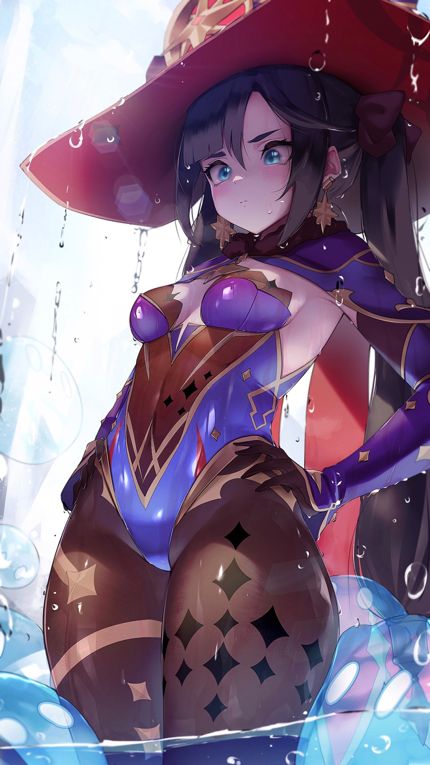 1girls 2021 bangs black_hair blue_eyes blush breasts capelet cleavage cleavage_cutout covered_navel earrings elbow_gloves female genshin_impact gloves groin hair_between_eyes hair_ornament hair_ribbon hand_on_hip hat hi_res high_resolution highleg highleg_leotard highres hizake jewelry kashu_(hizake) leotard linea_alba long_hair mona_(genshin_impact) navel pantyhose partially_submerged purple_leotard rain ribbon shiny shiny_clothes sidelocks slime_(genshin_impact) slime_monster small_breasts solo sweatdrop thick_thighs thighs tied_hair twintails water wet wide_hips witch_hat