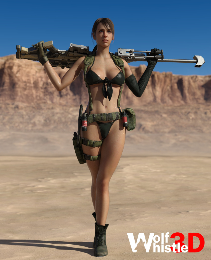 3d 3d_(artwork) armwear belt boots bra brown_hair clothing desert female firearm footwear gloves gun handwear human legwear metal_gear metal_gear_solid metal_gear_solid_v pale_skin panties pinup ponytail quiet_(metal_gear) rifle sniper_rifle stefanie_joosten sweat swimwear tactical_gear weapon wolfwhistle3d