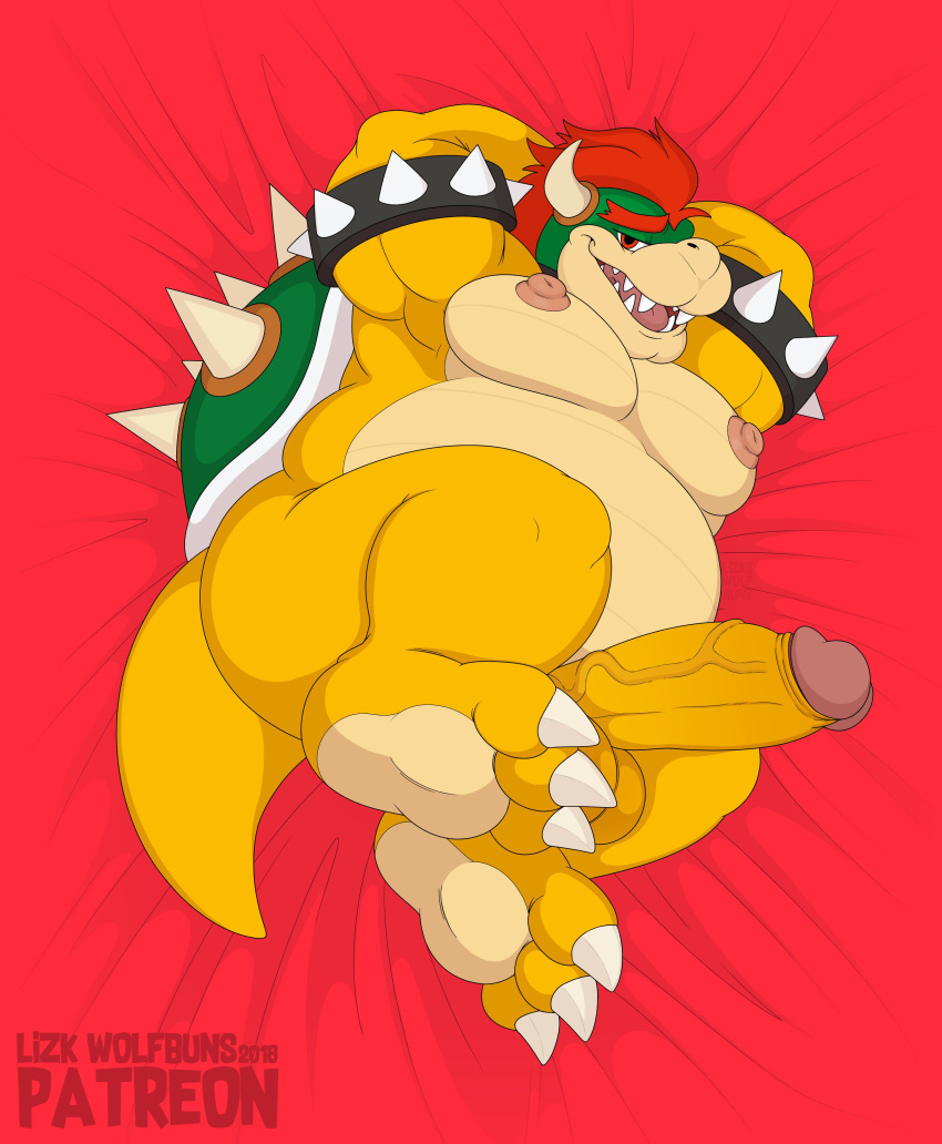 absurd_res anthro anthro_only ass balls bed bed_sheet bedding bedroom_eyes biceps big_butt big_penis bowser bracelet erect_nipples erection feet furniture genitals glans hi_res jewelry koopa lying male male_only mario_(series) moobs narrowed_eyes nintendo nipples overweight overweight_anthro overweight_male penis scalie seductive shell solo spiked_bracelet spikes video_games wolfbuns