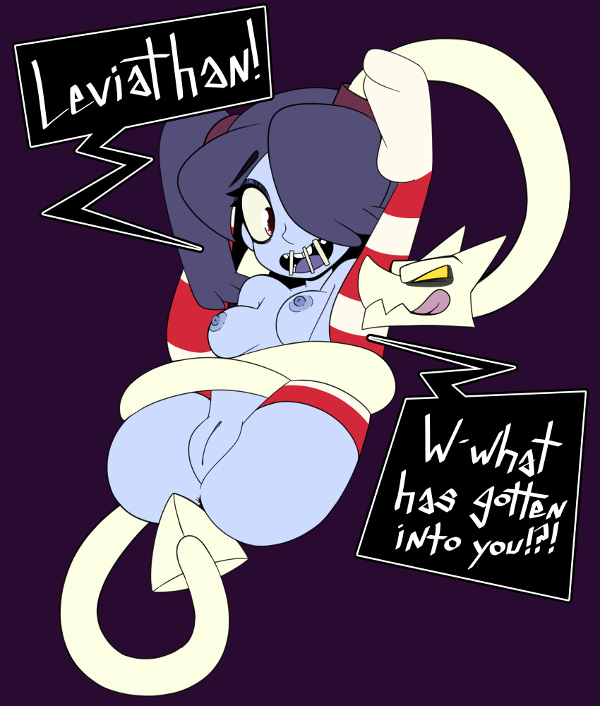 blue_skin breasts imminent_penetration imminent_sex jomokin legs_up leviathan_(skullgirls) nude nude_female skullgirls squigly stockings thick_thighs