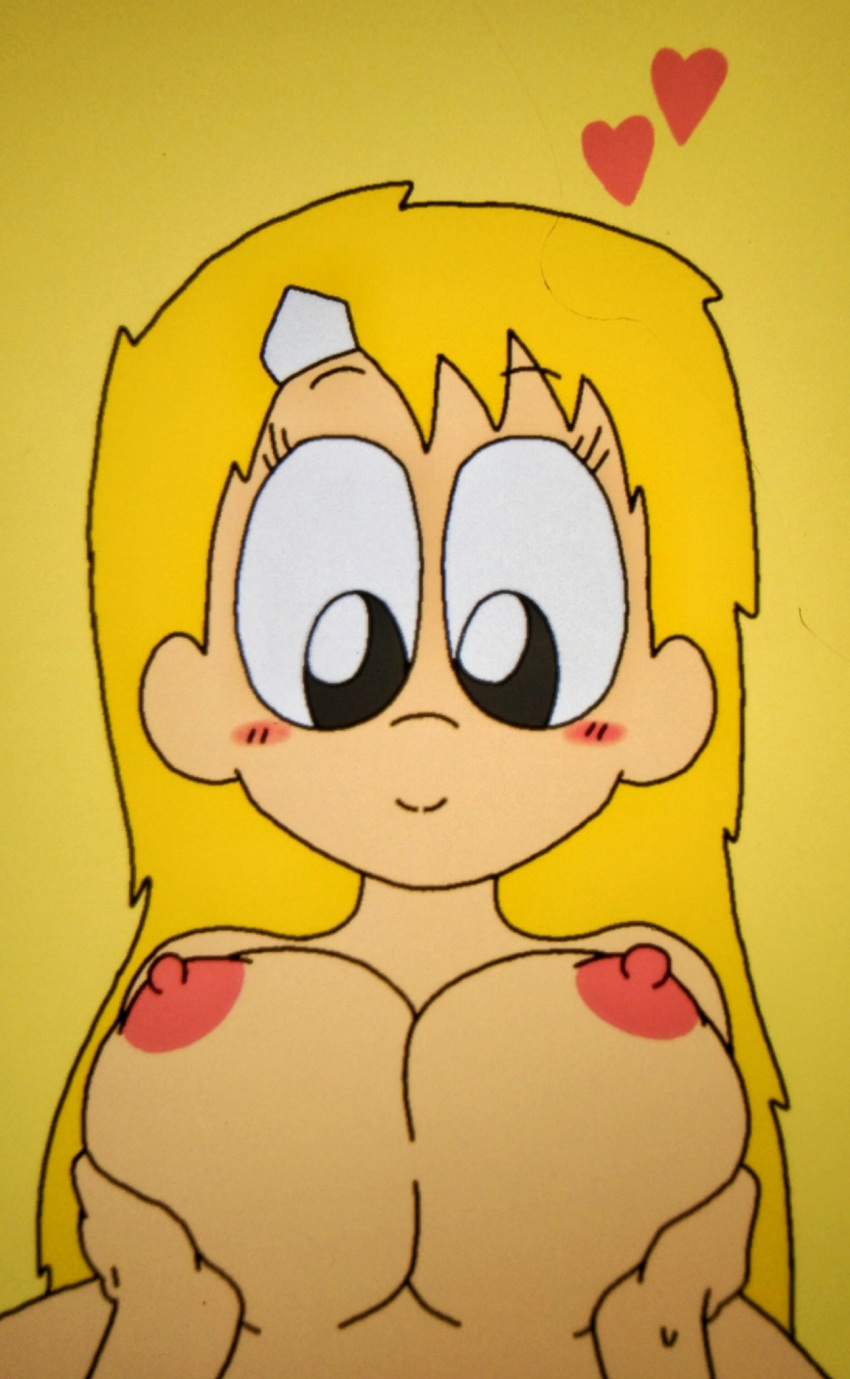 big_breasts blush blushing breast_grab breast_squeeze breasts cute fondling fondling_breast hairclip heart holding_breast huge_breasts juanila_(writers_crusaders) looking_down offscreen_male original_character pink_nipples rule_63 simple_background smile smiling solo_focus squeezing_breast topless touching_breast wcjuan writers_crusaders yellow_hair