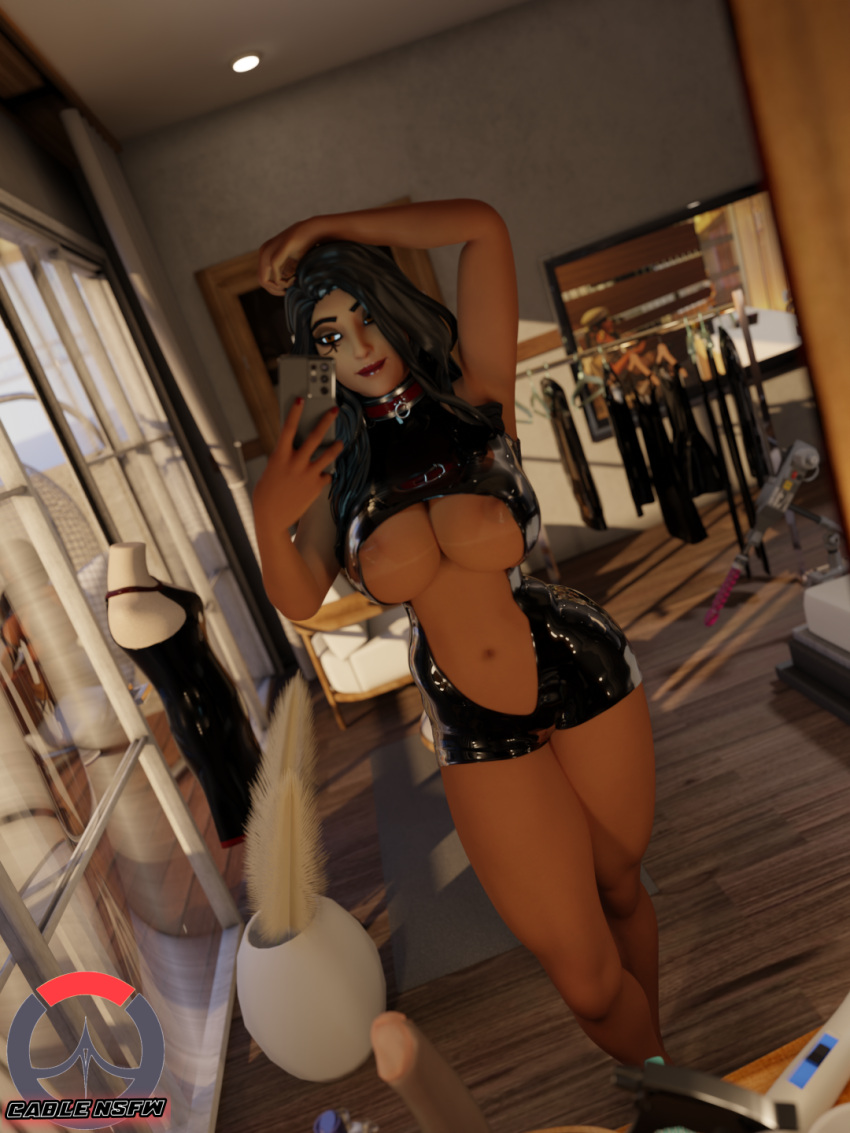 1girls 3d ana_amari blizzard_entertainment cablensfw captain_amari cleavage collar dark-skinned_female dark_hair dark_skin detailed_background dutch_angle eye_behind_hair eye_tattoo hand_on_head large_breasts latex mirror mirror_selfie multiple_toys nipples overwatch phone solo solo_female tight_clothing wide_hips young_ana_amari