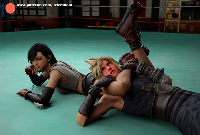 1boy 1girls 3d asphyxiation boots brown_hair choke_hold cloud_strife domination female female_domination femdom fight figure figure_four_headlock final_fantasy final_fantasy_vii headscissor helpless jvfemdom leg_lock legs long_hair male miniskirt reverse_wrestlingryona scissorhold smile square_enix strangling struggling tifa_lockhart