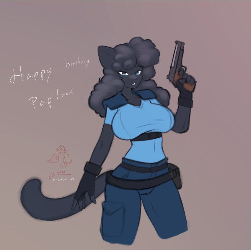 1girls 2020 anthro artist_name artist_signature belt belt_pouch black_fur black_hair blue_eyes breasts cameltoe cat_ears cat_tail clothed curly_hair dated eoks feline female female_only fingerless_gloves furry gun original papilrux pistol simple_background solo tail three-quarter_portrait weapon