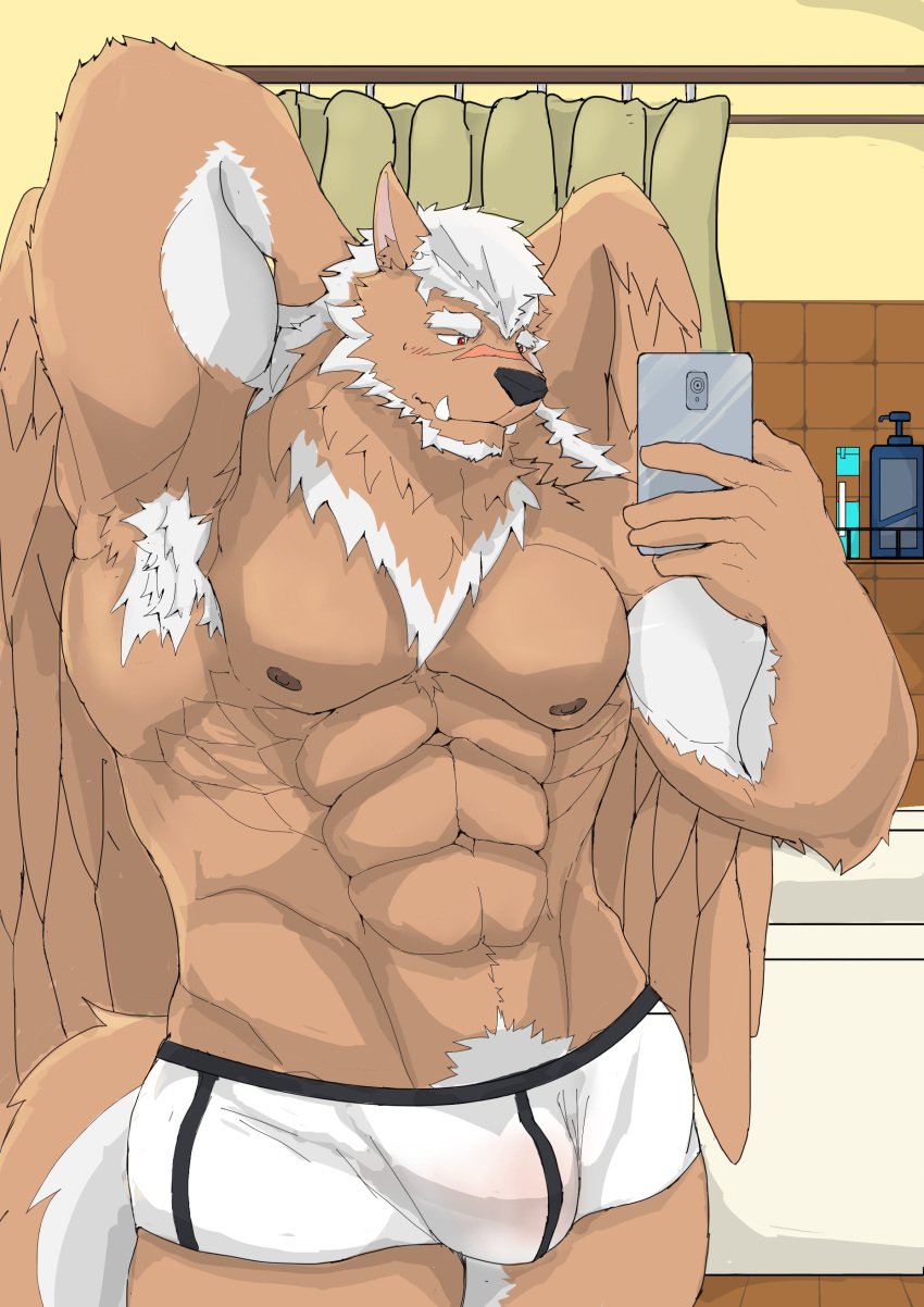 1boy abs absurd_res anthro barely_visible_genitalia barely_visible_penis canid canine canis cellphone clothing genitals hi_res male male_only mammal marchosias_(tokyo_afterschool_summoners) muscular muscular_anthro muscular_male nipples pecs penis phone selfie smartphone solo tokyo_afterschool_summoners translucent translucent_clothing underwear vhb3art vhubnh3 video_games white_underwear wings wolf