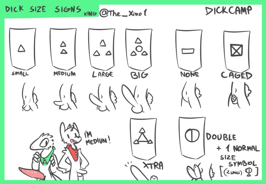 all_male anthro bandana bandanna_on_neck chastity_device design_sheet dick_chart duo english_text genitals hi_res information kerchief male penis penis_size_difference scale_(disambiguation) size_comparison size_difference text the_xing1