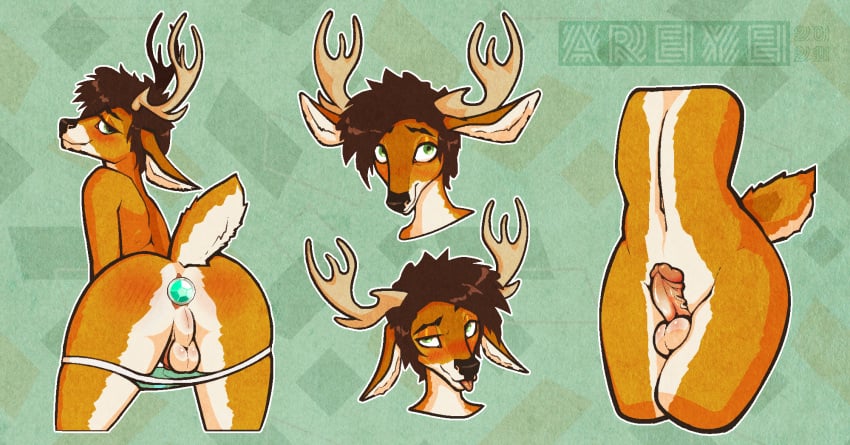 antlers areye_(artist) ass backsack balls blush buttplug cervid expression_sheet genitals girly hi_res horn looking_at_viewer male mammal multiple_poses original_character penis pose presenting presenting_hindquarters raised_tail sex_toy thick_penis thick_thighs