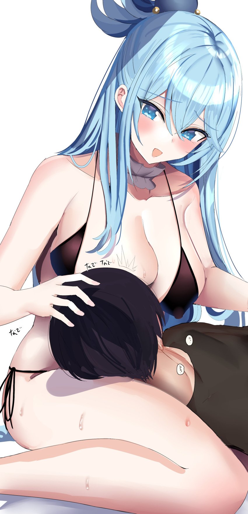 1boy 1girls 2021 absurd_res aqua_(konosuba) aqua_eyes aqua_hair bed_sheet bikini black_bikini black_hair blush breast_sucking breasts choker cleavage erect_nipples erect_nipples_under_clothes eyebrows_visible_through_hair eyes_visible_through_hair female frilled_choker frills hair_ornament hanasaka_houcha hand_on_head head_pat head_tilt highres kono_subarashii_sekai_ni_shukufuku_wo! lap_pillow large_breasts long_hair looking_at_another lying male matching_hair/eyes on_back open_mouth short_hair side-tie_panties sitting sound_effects sweat sweatdrop swimsuit thick_thighs thighs tied_hair tongue very_long_hair wariza wholesome