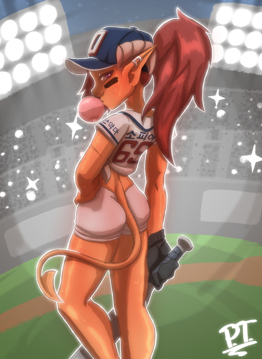 baseball baseball_cap baseball_uniform bubble_gum dnd fantasy horns jonathanpt sofia(jonathanpt) tail tiefling