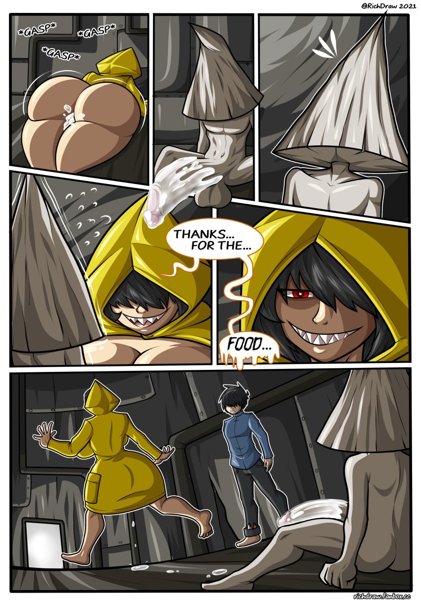 after_sex big_ass big_breasts comic cum cum_in_ass english_text little_nightmares lustful_gaze nome_(little_nightmares) outerwear raincoat red_eyes richdraw runaway_kid_(little_nightmares) six_(little_nightmares) text thick_thighs wide_hips