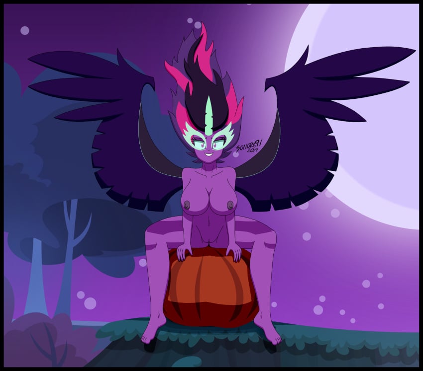 1girls 2019 areolae big_breasts breasts equestria_girls female female_only friendship_is_magic hasbro looking_at_viewer midnight_sparkle my_little_pony nipples nude outdoor_nudity outdoors outside pumpkin pussy sci-twi sitting solo solo_female twilight_sparkle_(mlp) wings