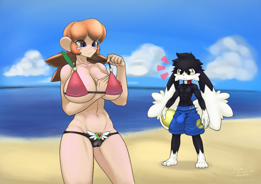 1boy 1boy1girl 1girls 2019 anthro artist_name artist_signature ball beach belly big_breasts big_ears bikini black_fur blush breasts bulge cameltoe chest_tuft collar dated duo eoks erection erection_under_clothes female fur humanoid klonoa klonoa_ klonoa_(series) lolo_(klonoa) long_ears male midriff multicolored_fur nipple_slip nipples ocean orange_hair purple_eyes seaside swimming_trunks swimsuit swimwear toned toned_female toned_male triangle_bikini white_fur