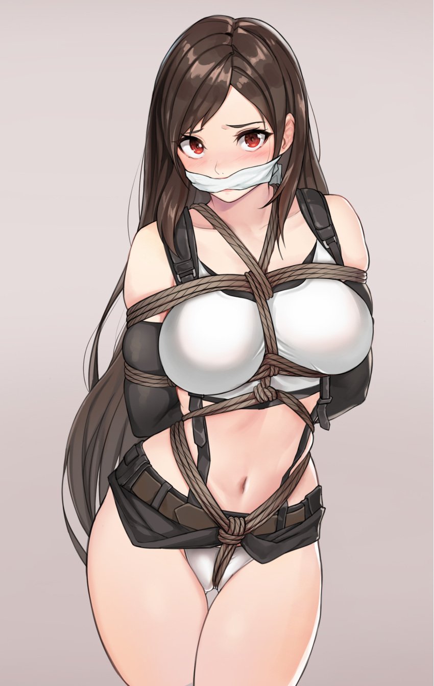 arms_behind_back belt blush bondage bra brown_hair cleave_gag crop_top crotch_rope female female_focus female_only femsub final_fantasy final_fantasy_vii fle_en gag gagged highres long_gloves looking_at_viewer miniskirt navel panties pink_background red_eyes rope rope_bondage simple_background skirt skirt_lift solo solo_female solo_focus tifa_lockhart white_tank_top